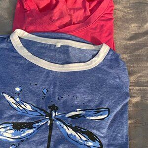 Blue Dragonfly Graphic Ringer Tee with White Trim